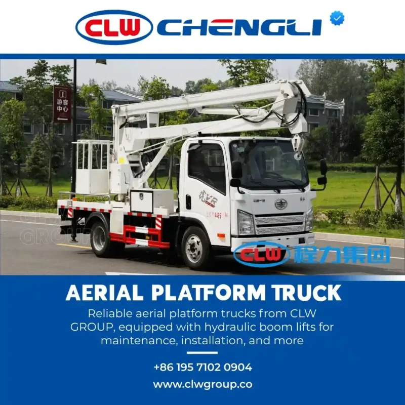 White and red CLW Chengli aerial platform truck with hydraulic boom lift, parked on paved surface with greenery in background