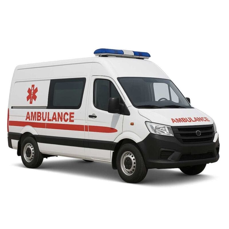 CLW GROUP ambulance van equipped with stretcher, oxygen system, and light bar