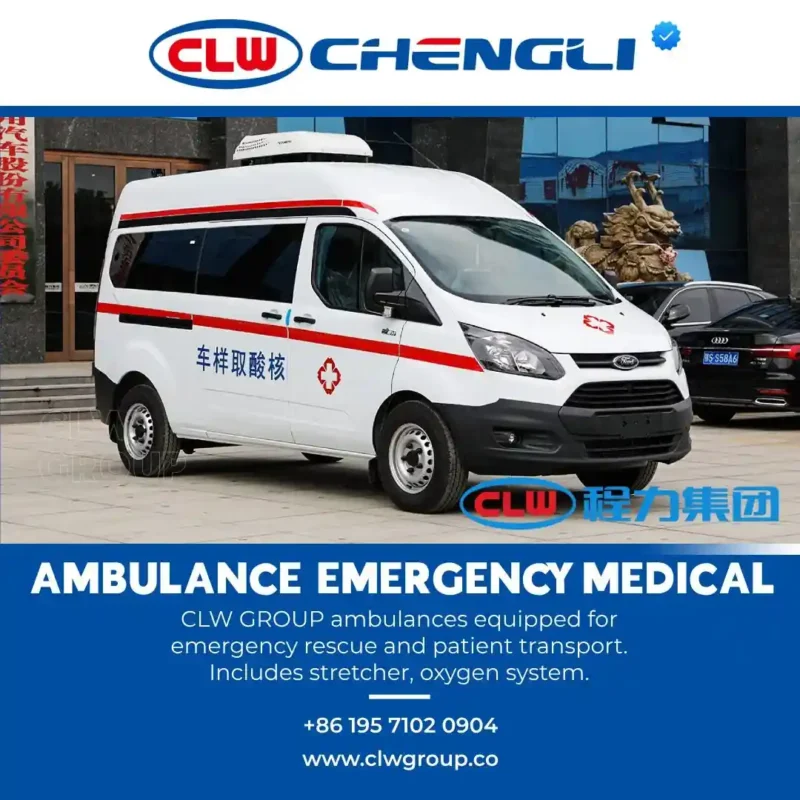 CLW Chengli white ambulance van with red cross and Chinese markings, equipped for emergency rescue and patient transport with stretcher and oxygen system