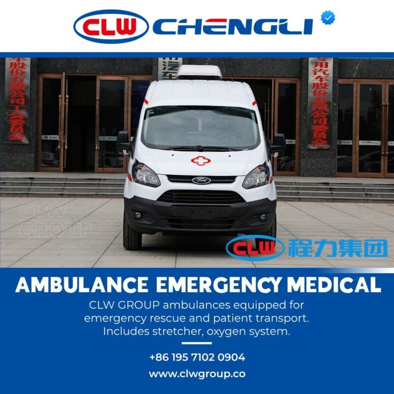 Front view of medical rescue van with LED siren bar