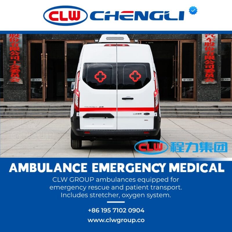 Rear of ambulance with access doors and reflective markings
