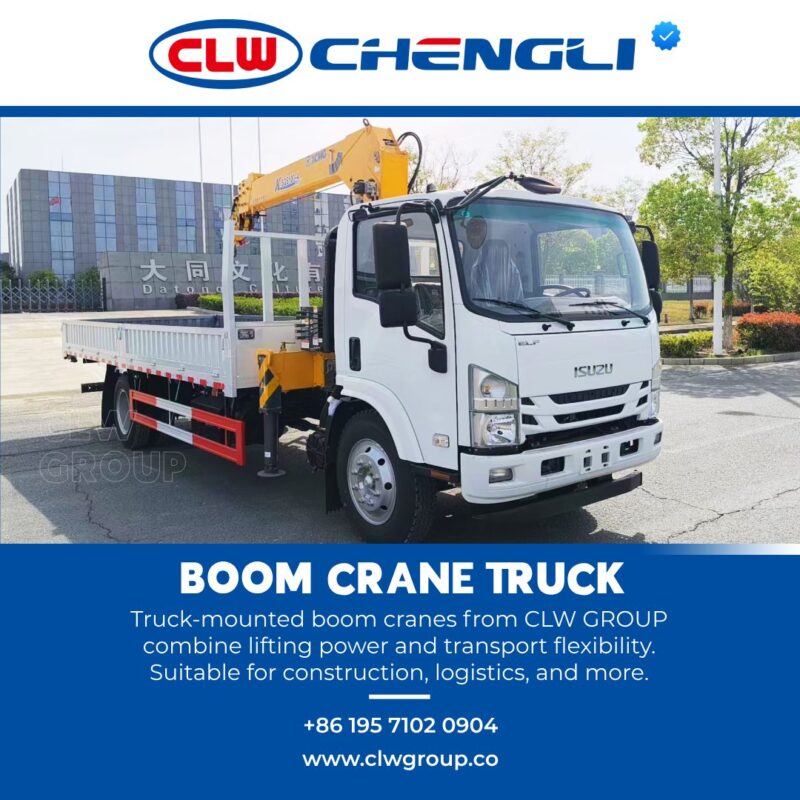 Diagonal front-left view of boom crane truck