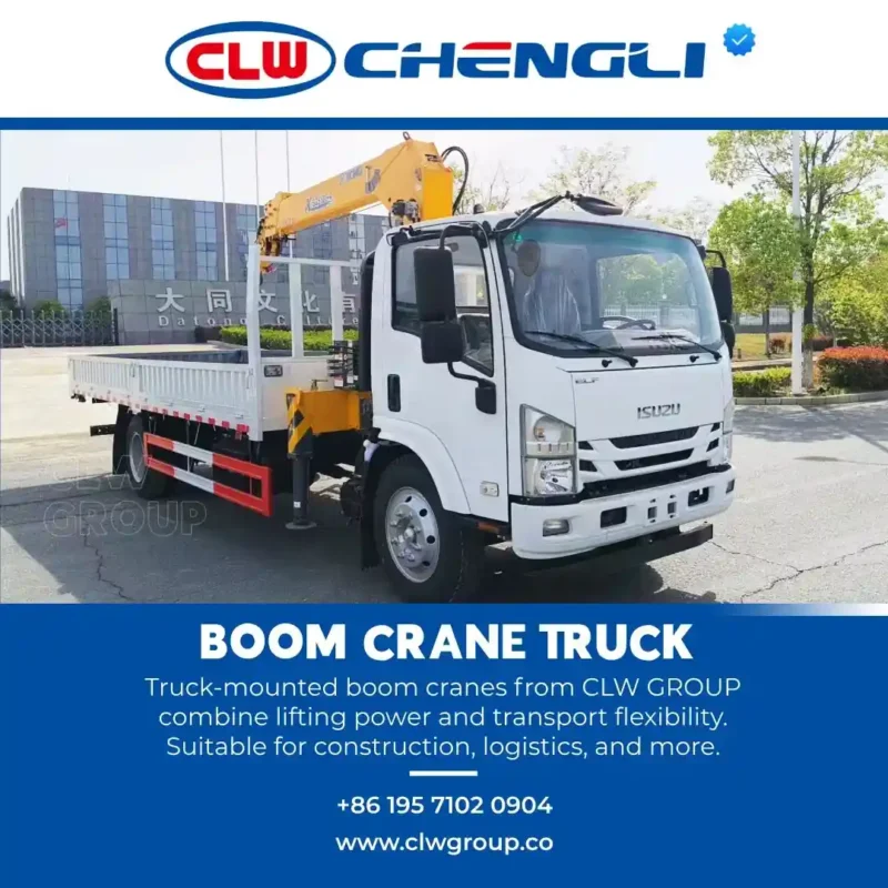 CLW CHENGLI boom crane truck with yellow crane mounted on white Isuzu chassis, parked in industrial area with modern building in background