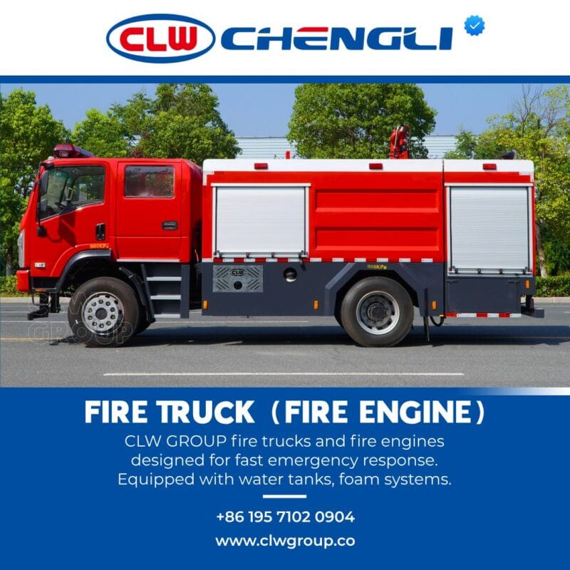 Left side of CLW fire engine with lockers and tank access