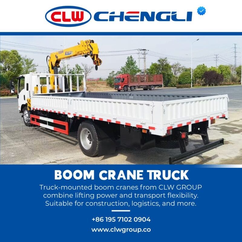 Rear-left perspective of CLW cargo truck with mounted crane