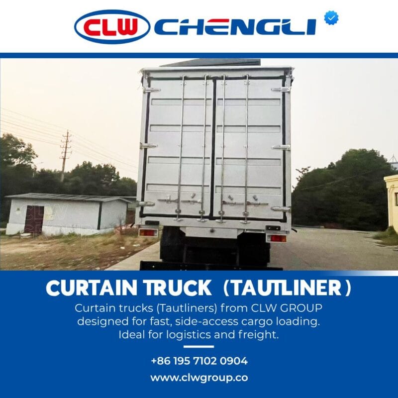 Rear view with swing/roll-up doors of curtain truck