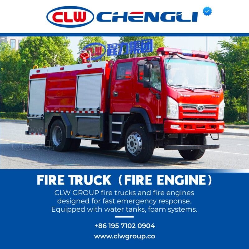 Front-left view of fire truck with equipment racks