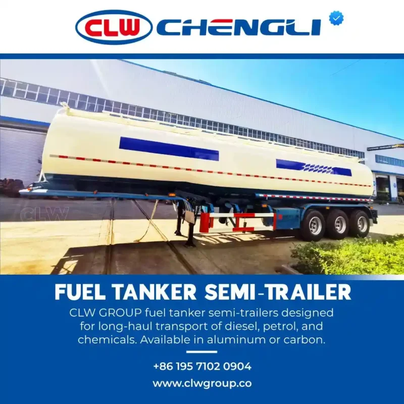 CLW Chengli white cylindrical fuel tanker semi-trailer with blue and red chassis, parked in industrial setting for diesel, petrol, and chemical transport