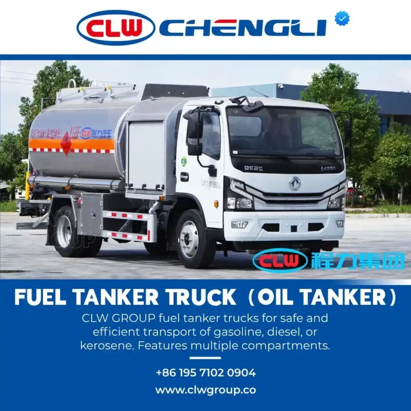 Modern CLW Group fuel tanker truck with multi-compartment tank for gasoline, diesel, and kerosene transport parked in industrial setting