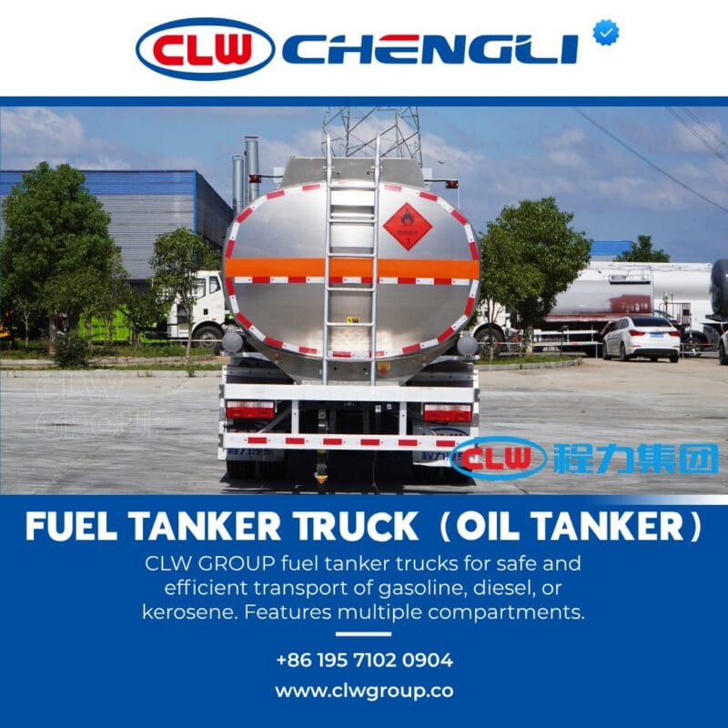 Rear of fuel truck with fire extinguisher box and nozzle area