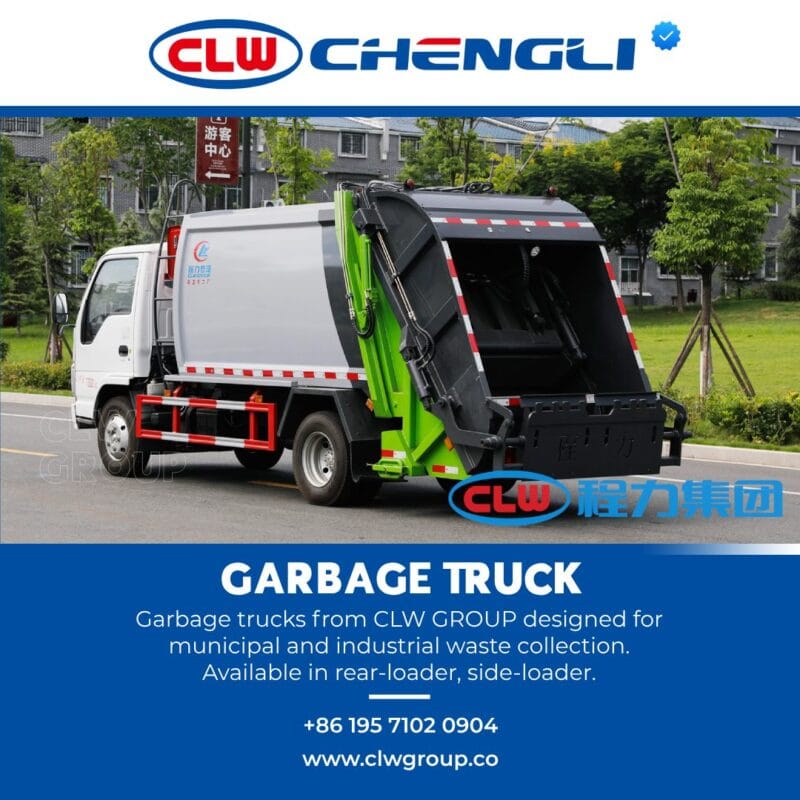 Rear-left view with open tailgate of garbage truck
