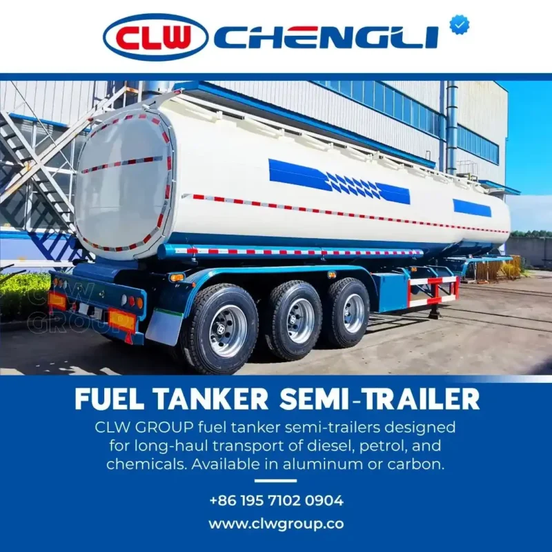 CLW Chengli fuel tanker semi-trailer for diesel, petrol, and chemical transport with aluminum or carbon build, multi-axle design, and safety markings