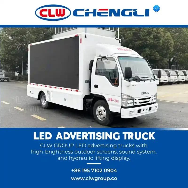 CLW Chengli white Isuzu LED advertising truck with high-brightness outdoor screen, sound system, and hydraulic lifting display parked outdoors