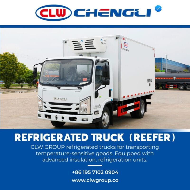 Angled view of CLW reefer truck from front right