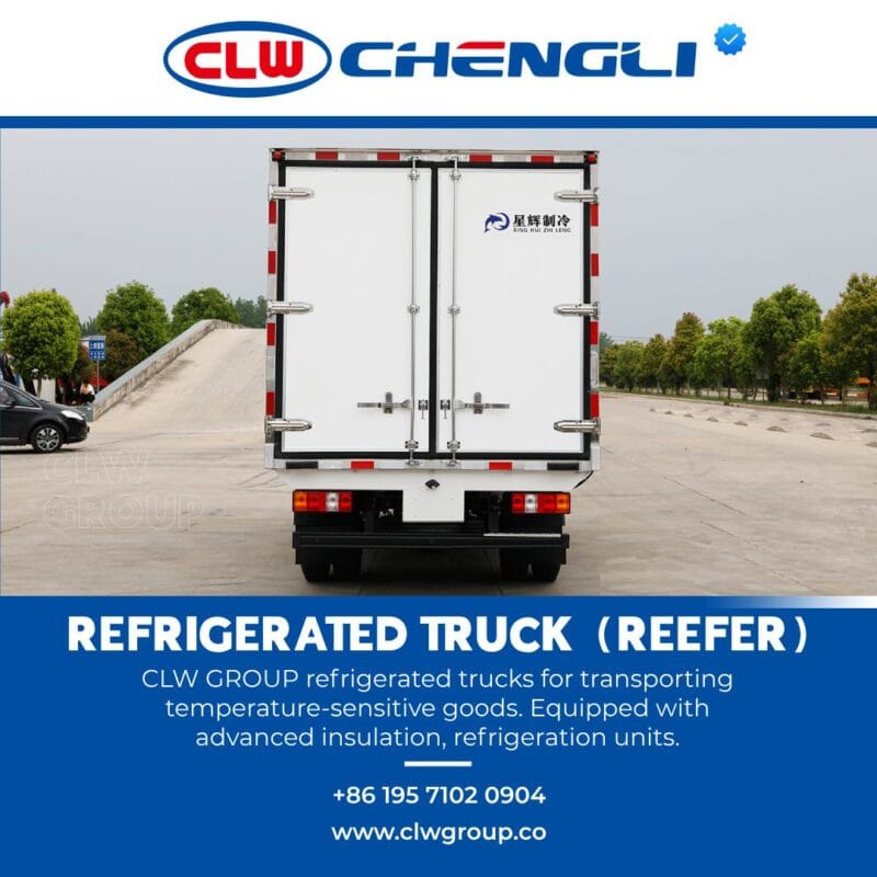 Rear view of refrigerated truck with insulated doors