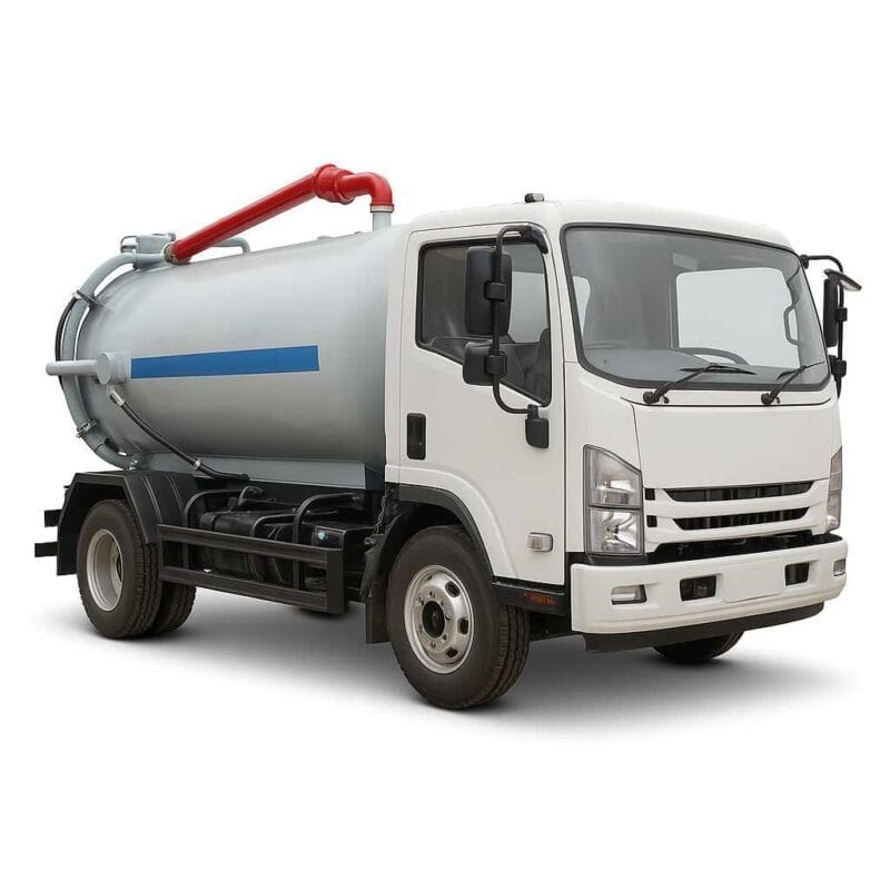 CLW GROUP sewage truck with vacuum tank, suction hose, and rear tipping discharge