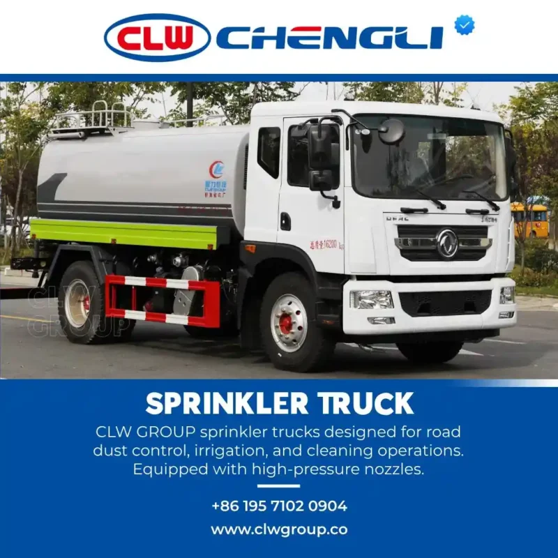 CLW Chengli white sprinkler truck with mounted water tank and high-pressure nozzles for road dust control, irrigation, and cleaning operations