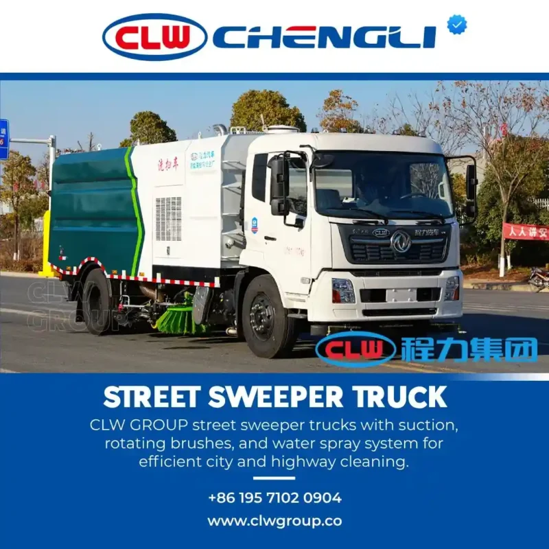 White CLW Chengli street sweeper truck with green and blue body, rotating brushes, and water spray system parked roadside