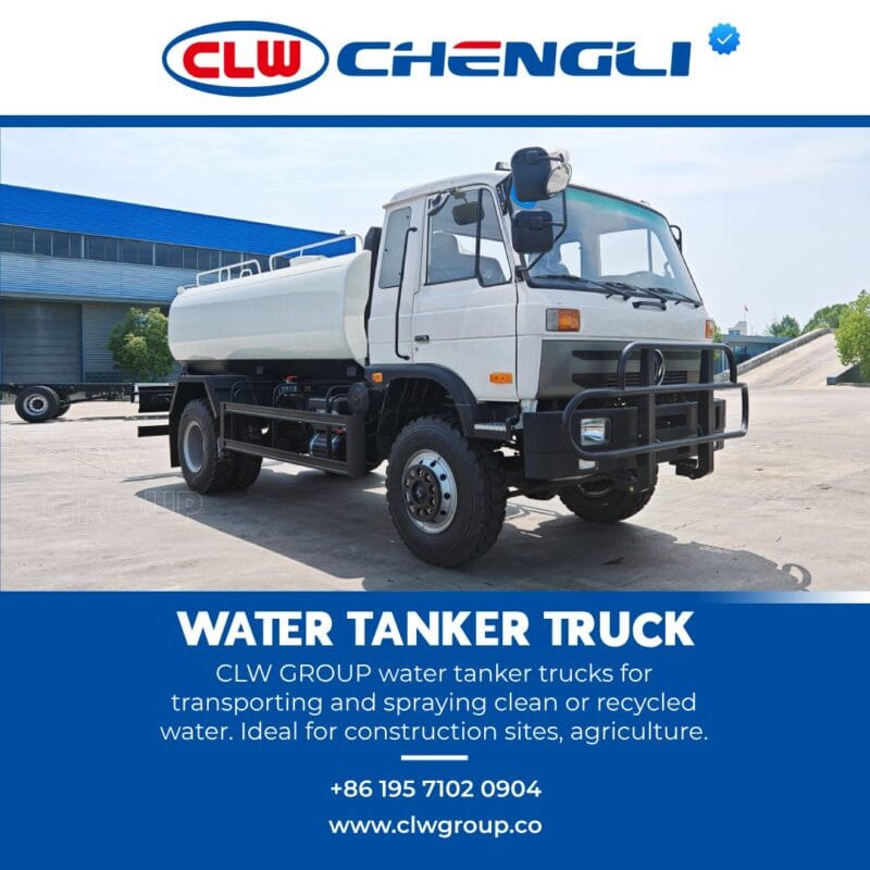 Diagonal view of water truck and pump housing