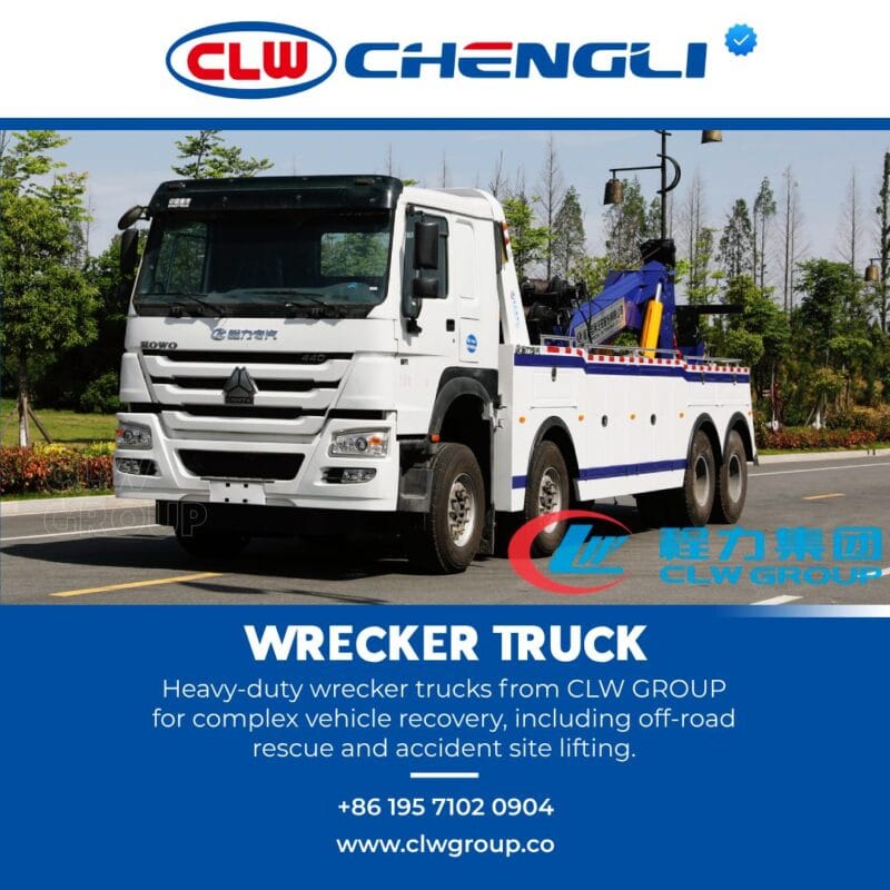 CLW GROUP wrecker truck front-right view with hydraulic boom