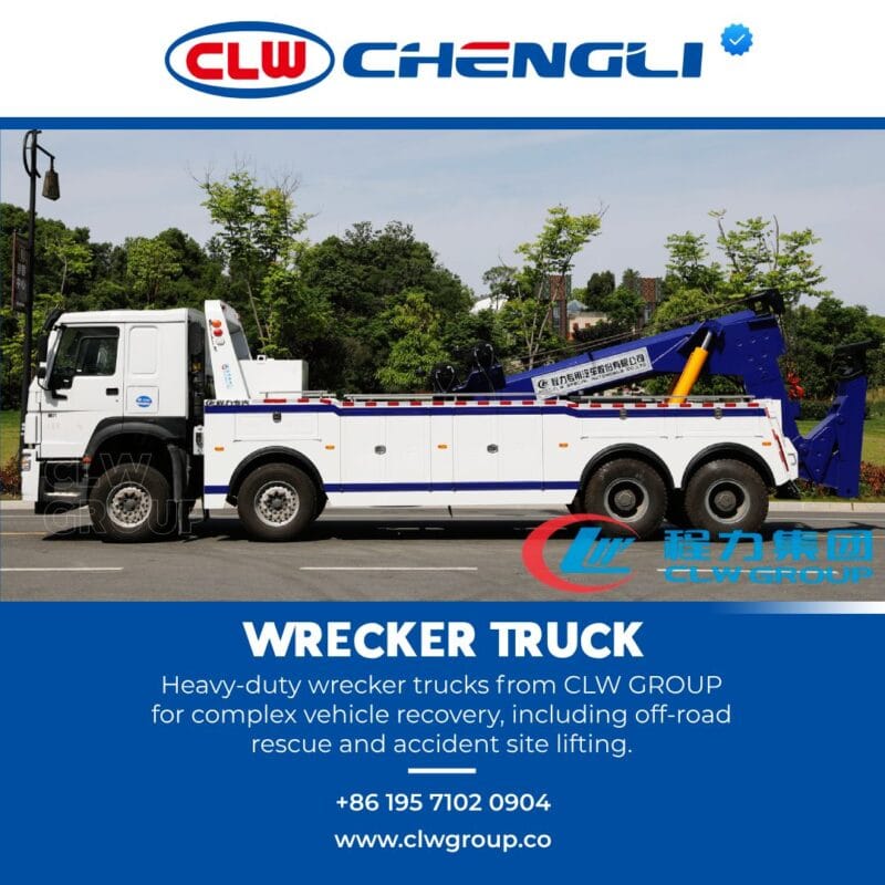 Left-side view of CLW GROUP boom-equipped wrecker truck